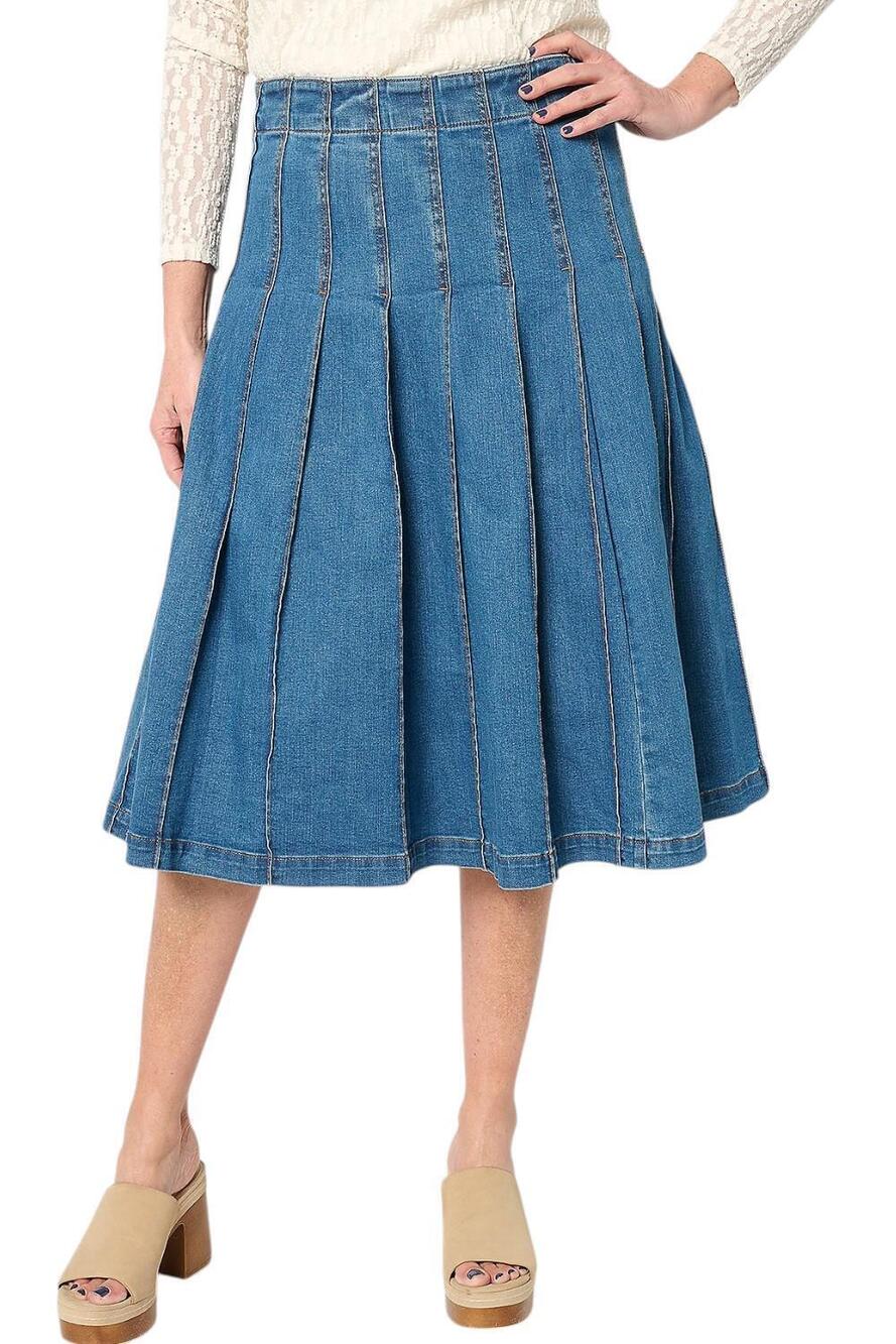 Peace Love World Women's Black Label Pleated Denim Skirt Medium Wash - Regular
